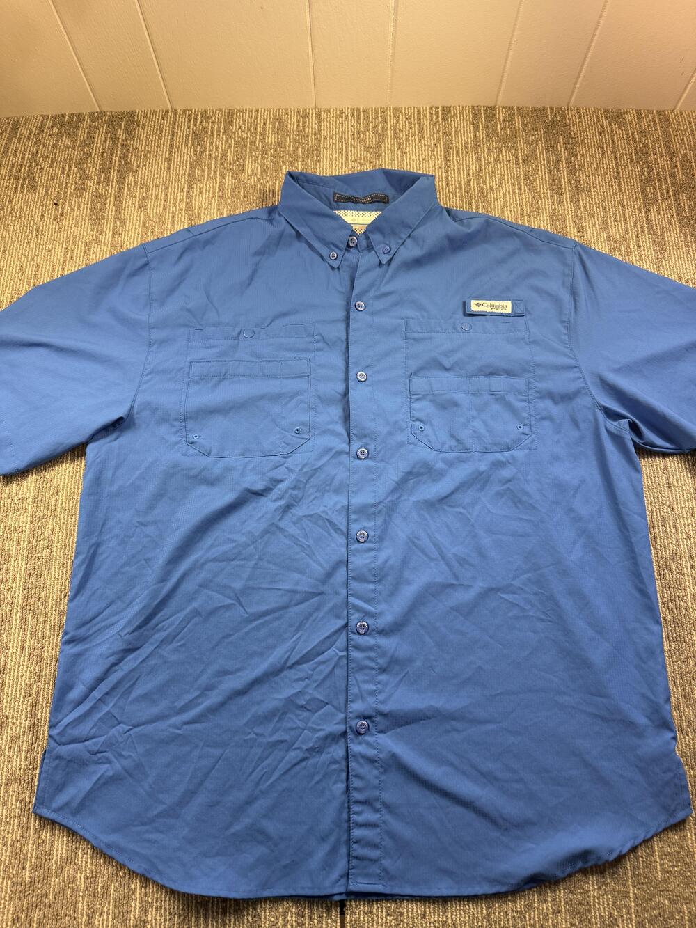 Columbia PFG Tamiami Shirt Mens XL Blue Solid Short Sleeve Button Up Fishing